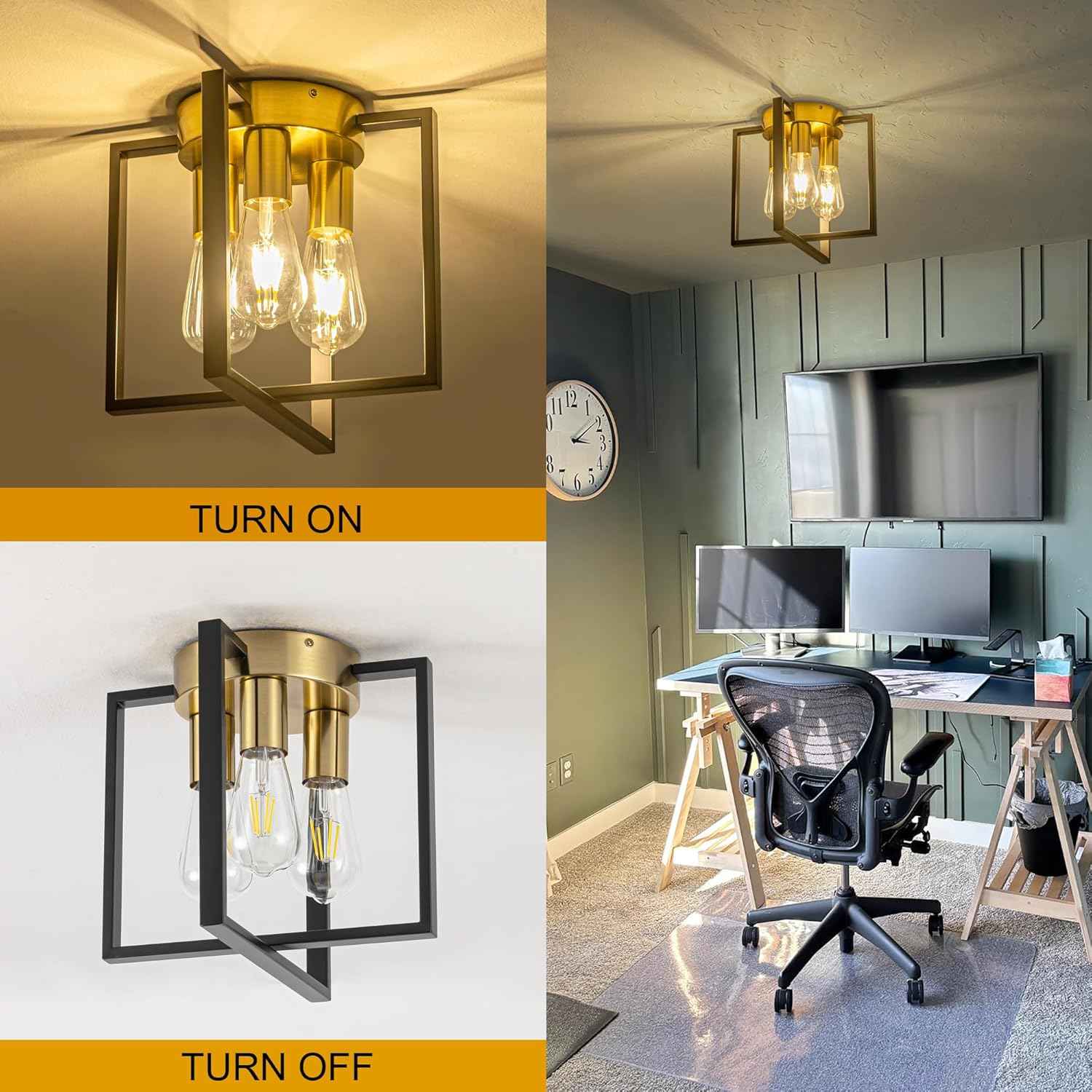 Brushed Nickel 3-Light Flush Mount Ceiling Light Fixture - Modern Geometric Design for Living Room, Kitchen, Dining Room, and Hallways