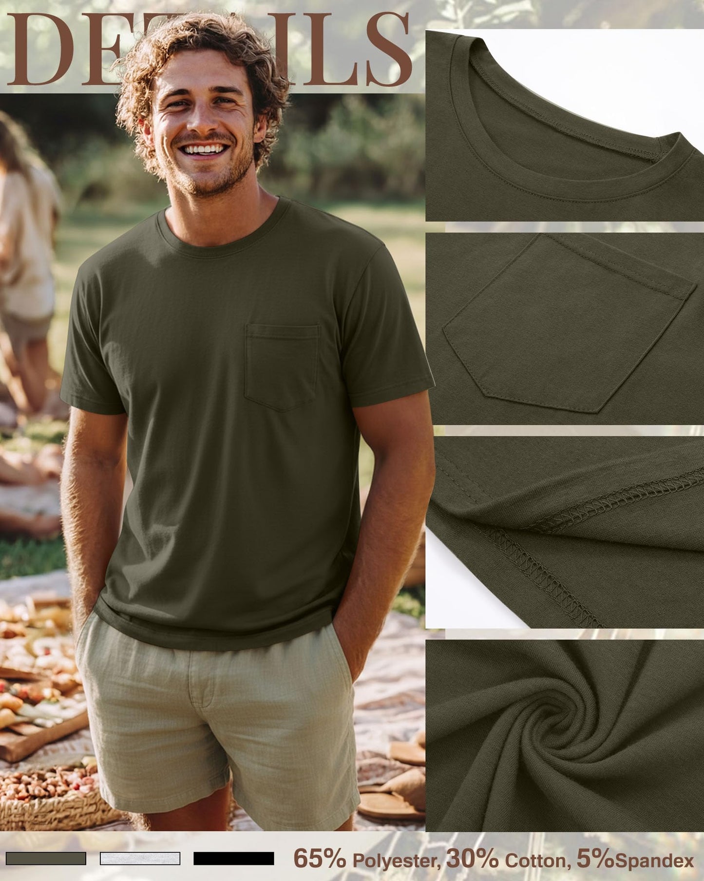 Ficerd 3 Pack Men's Big and Tall T-Shirt, Short Sleeve Pocket Basic Tee Crew Neck Lightweight Tops Solid Loose Fit Shirts(Black, Army Green, Light Mixed Gray,X-Large)