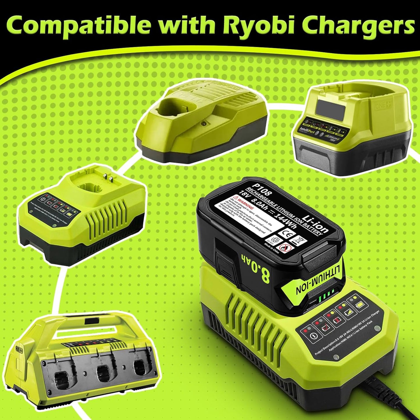 Ryobi 18V ONE+ Replacement Battery 8.0Ah - Compatible with P108 P102 P103 P105 P107 P189, 2 Pack