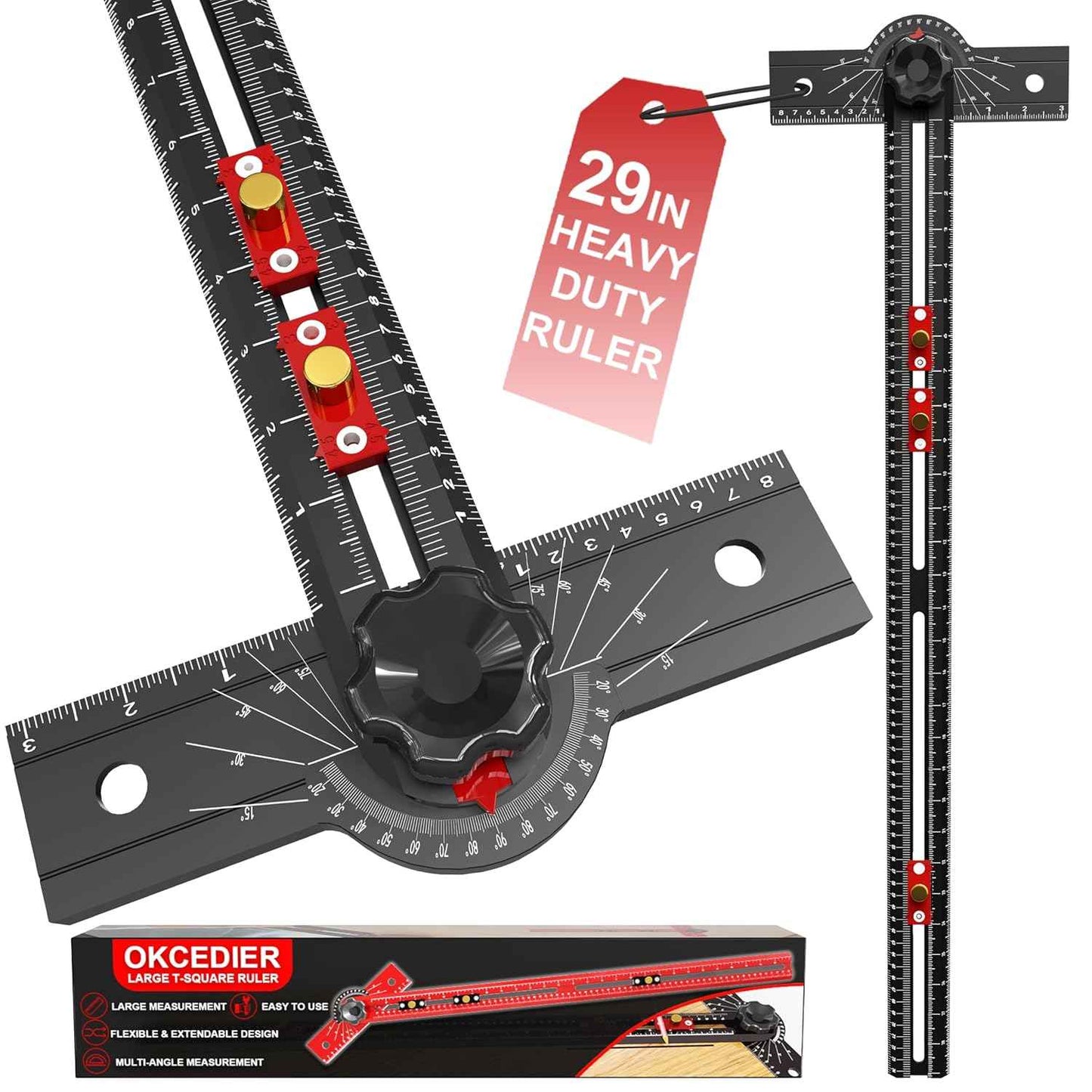29-Inch Adjustable Woodworking T Square Ruler - Precision Angle Measurement Tool for Carpentry & Drafting