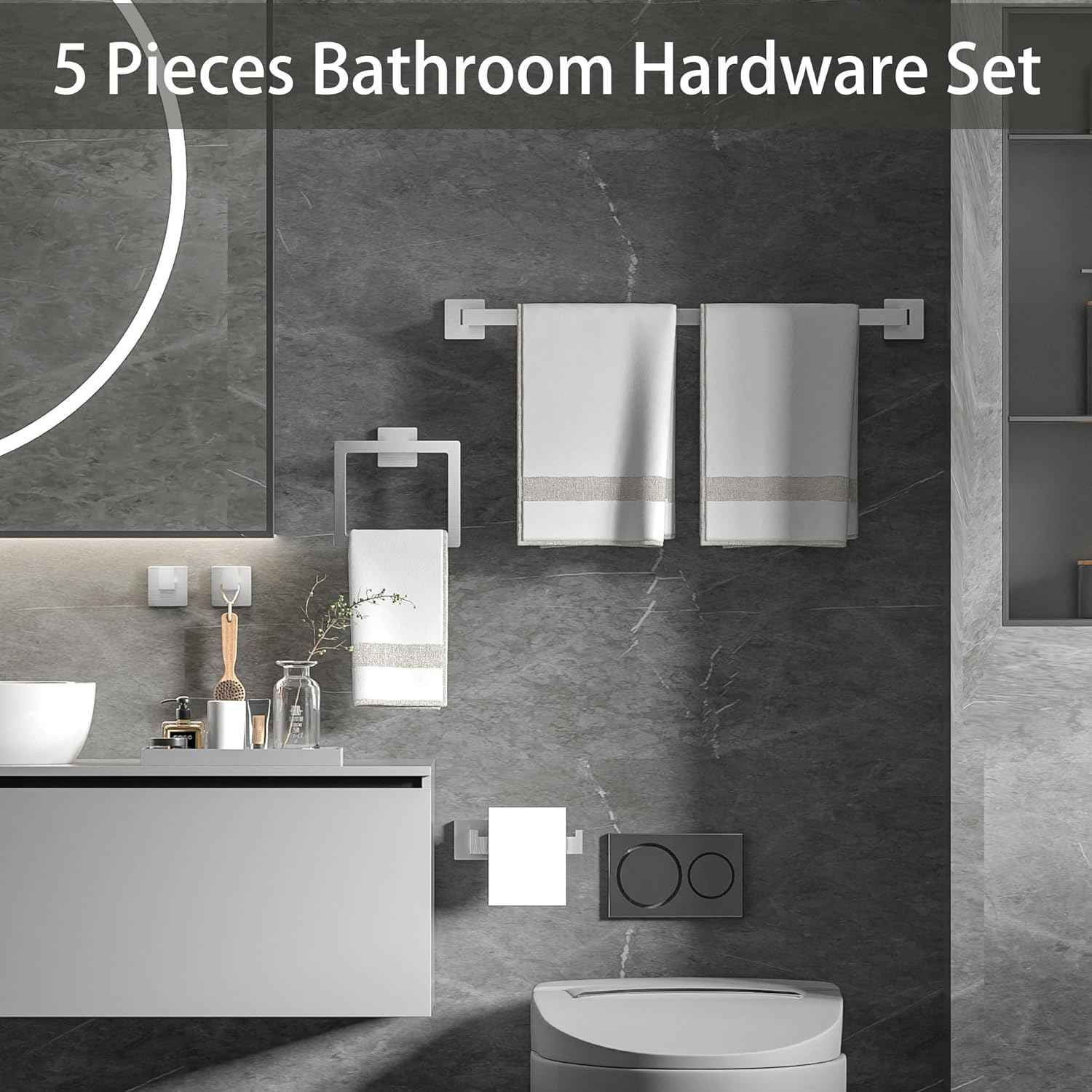 Brushed Nickel Bathroom Hardware Set - 10-Piece Towel Bar, Ring, Hook & Holder Kit