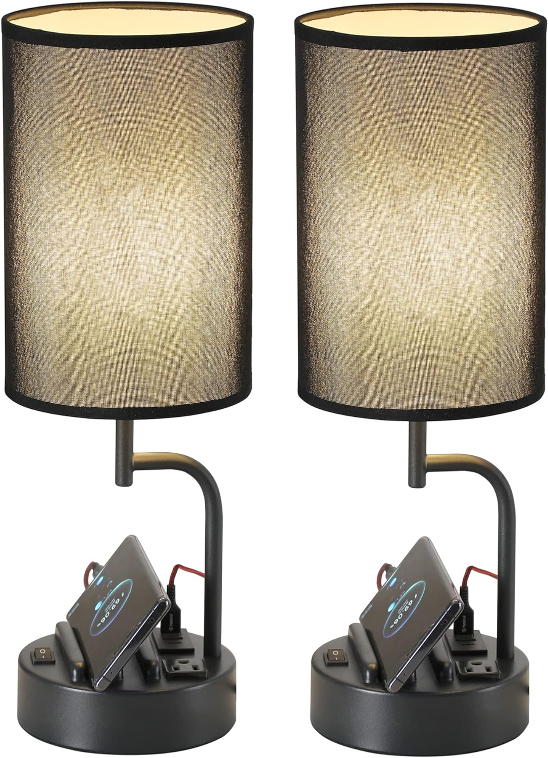 Modern Table Lamp with 3 USB Ports & AC Outlet - Set of 2 Bedside Desk Lamps in Silver