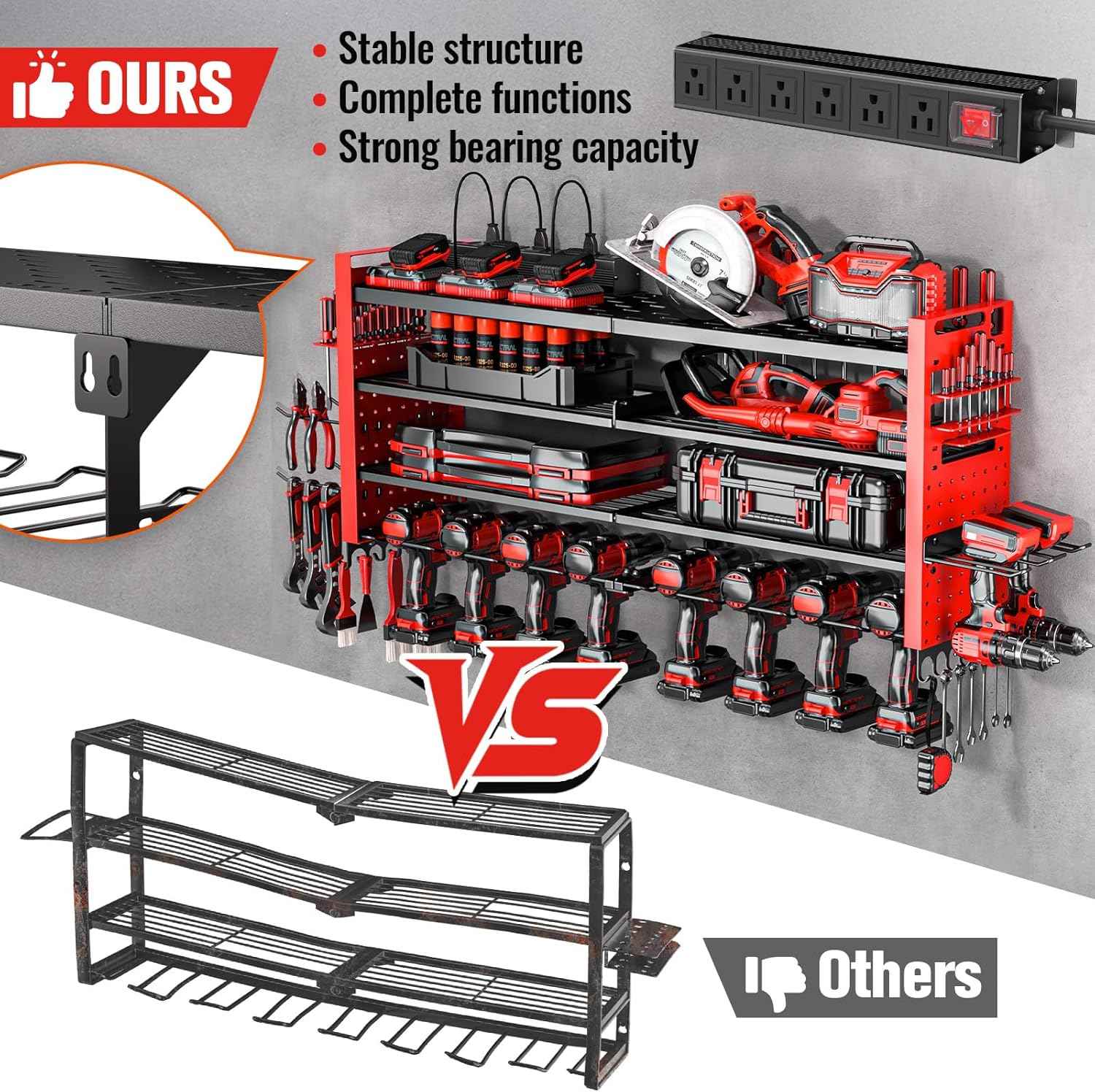 Heavy Duty Wall Mount Power Tool Organizer with Charging Station & 10 Drill Holders