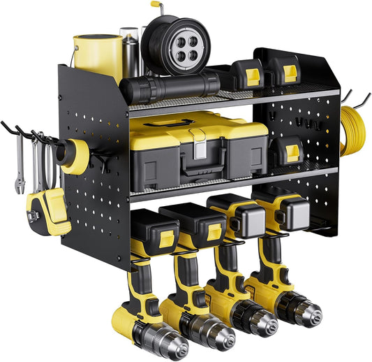 Power Tool Organizer Wall Mount - 3-Layer Charging Station with 8 Outlets & 6 Drill Holders - Efficient Garage Storage Solution (Black)
