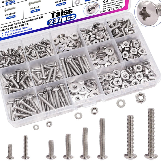Taiss Machine Screws Nuts and Bolts Assortment Kit,304 Stainless Steel Bolts and Nuts Kit,#6-32#8-32#10-24 8 Sizes Phillips Pan Head Bolt and Nut & Washers,237PCS Machine Screw Assortment