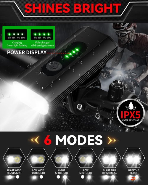 DARKBEAM Bike Headlight Rechargeable USB-C, Bicycle Lights 4000LM Ultra Bright, Mountain Bike Light Set for Night Riding, 6+5 Mode Waterproof Front Bike Light & Rear Light for Road, Cycling