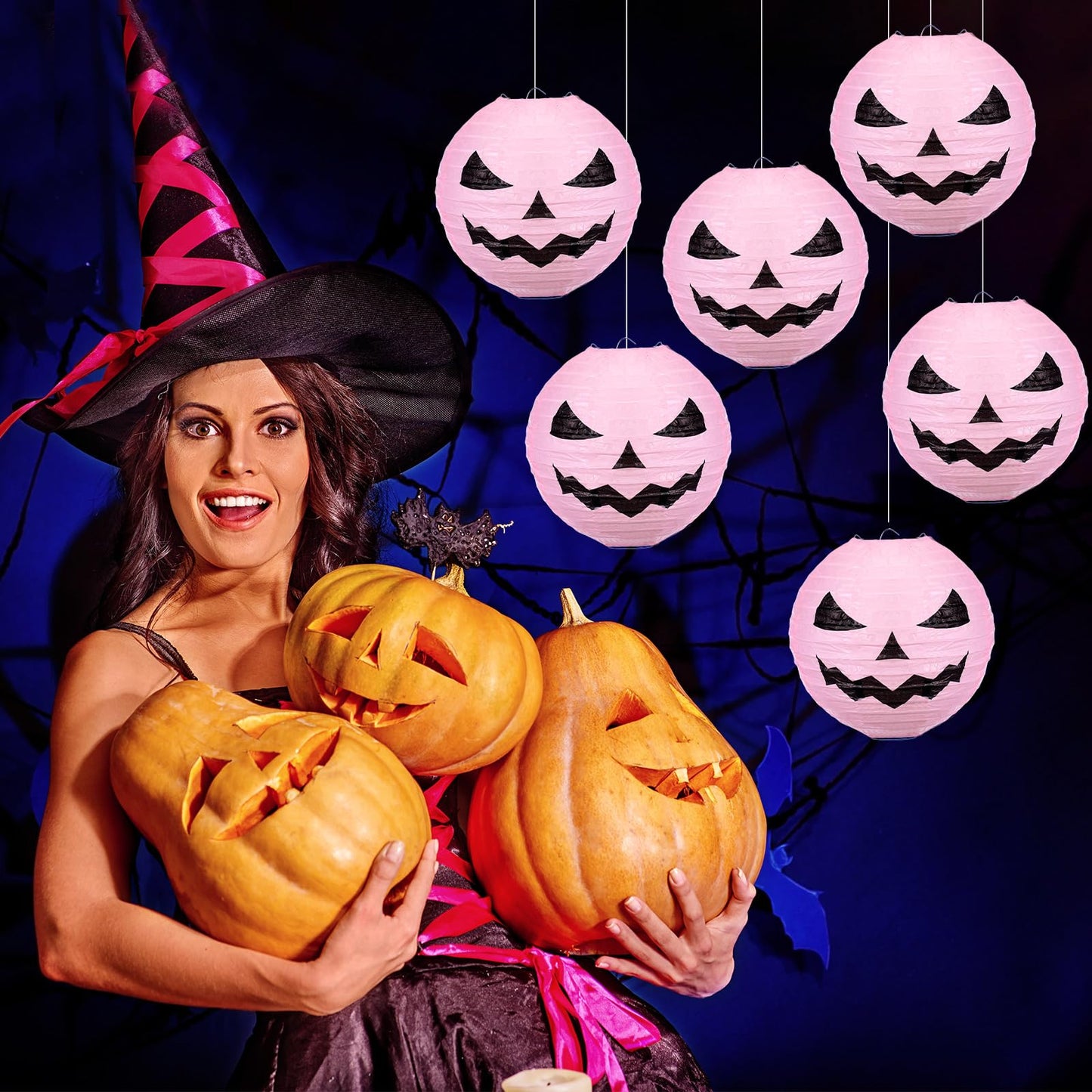 Riakrum 6 Pcs 8 Inch Halloween Jack O Paper Lantern Decoration Halloween Pink Pumpkin Paper Lantern Hanging for Indoor Outdoor Garden Party Decoration