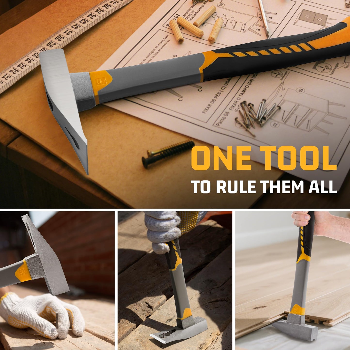 3-in-1 Pry Bar Hammer with Nail Puller - Unique Hammer Head 12.5" 18oz Pry Bar - Multi-Functional Tool with Cats Paw, Crowbar | Rubber Grip, Polished Beveled Claws - Forged Steel Design for Strength