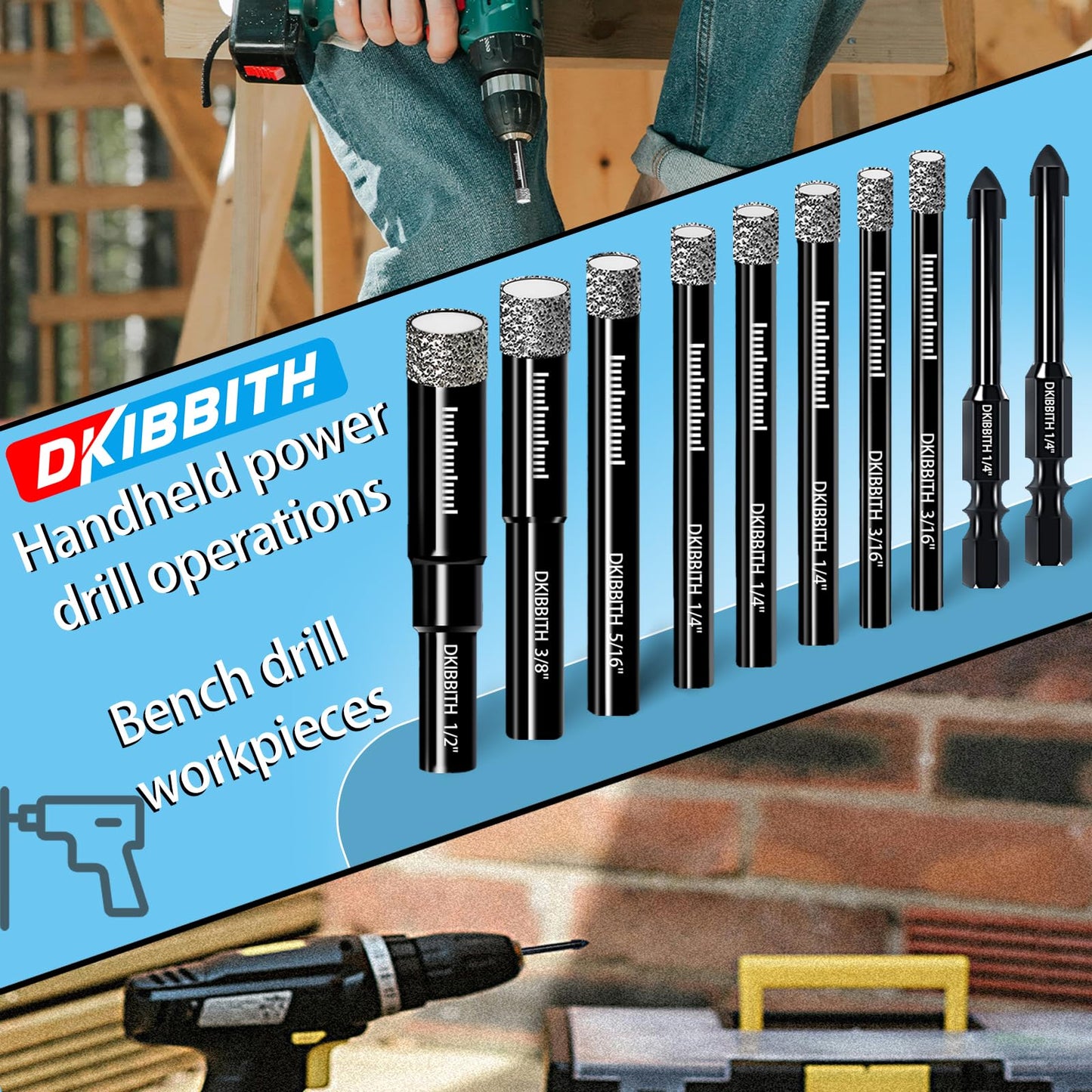 DKIBBITH 7 Pack Dry Diamond Drill Bits & Tile Drill Bits Set for Ceramic, Porcelain, Marble, Granite, Stone, Glass - Round Shank 3/16", 1/4"(x2), 5/16", 3/8", 1/2"+1 Pack Masonry Drill Bit 1/4"