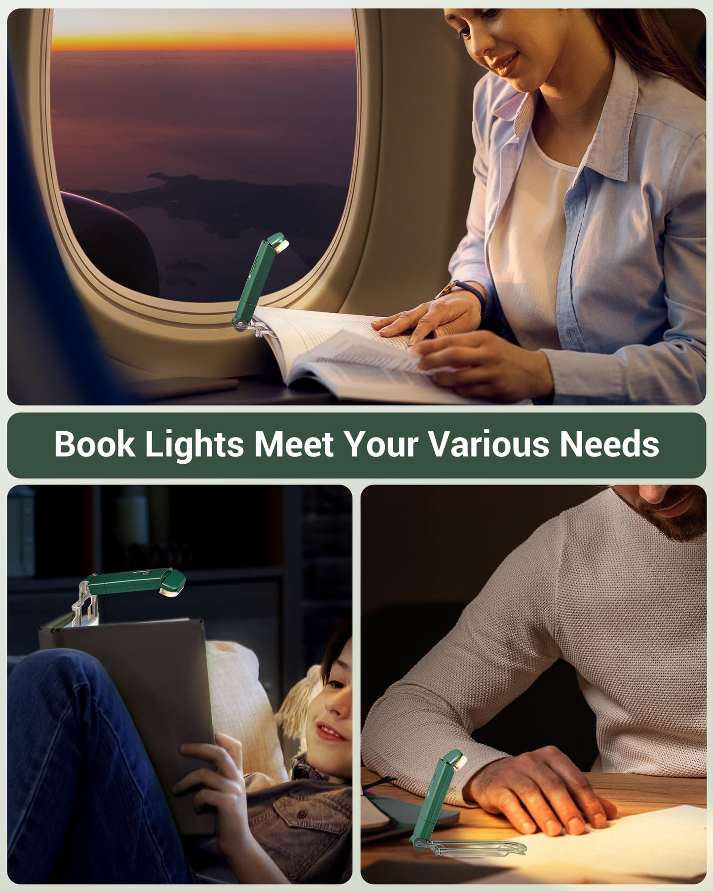 DEWENWILS USB Rechargeable Book Reading Light, LED Clip on Booklight Flexible Reading Lights in Bed, Car at Night, 4 Brightness Adjustable, Perfect for Bookworms, Kids (Dark Green)
