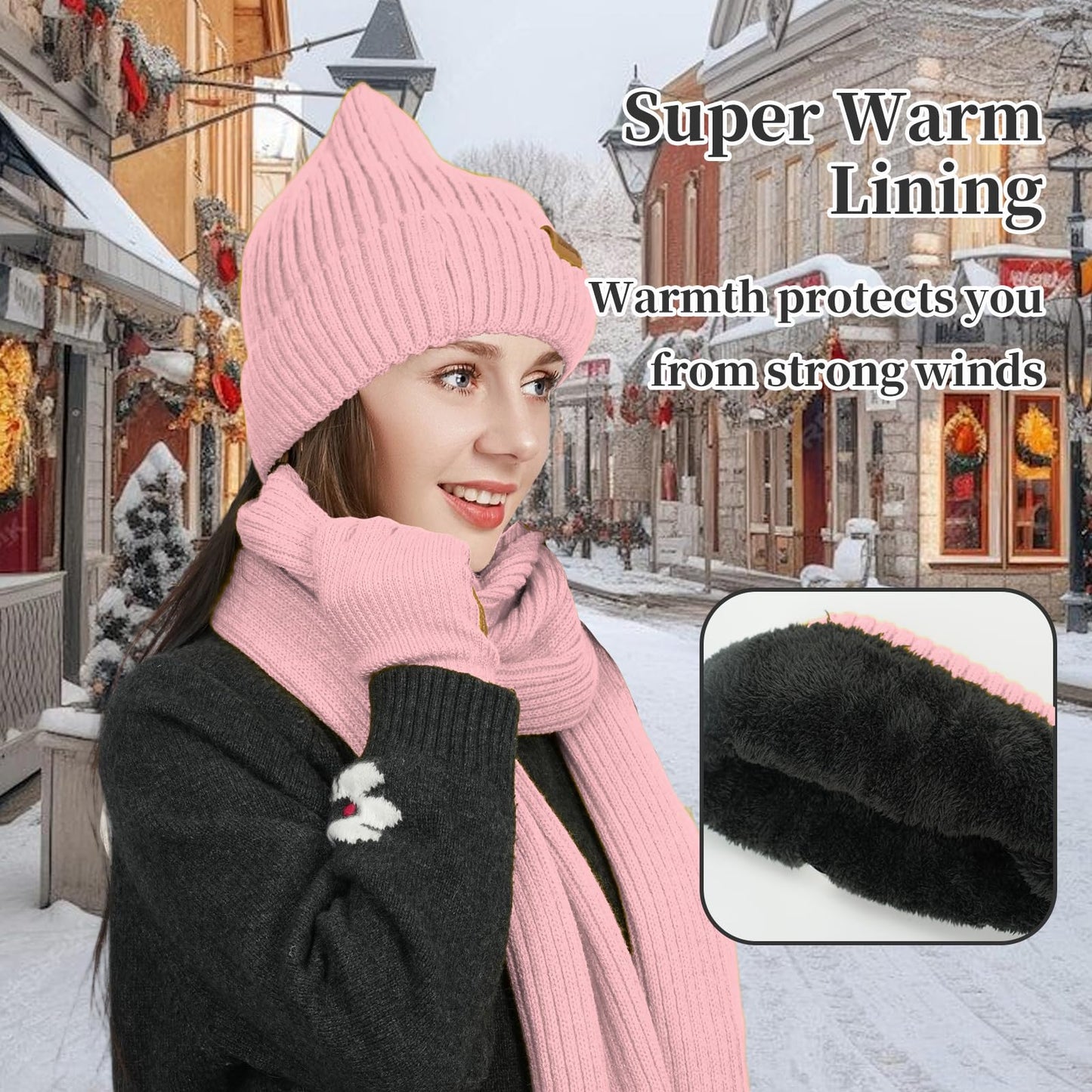Winter Knit Beanie Hat Scarf Gloves Cold Weather Set, Warm Knit Beanie Long Scarf Touchscreen Gloves,Winter Gifts for Women (Pink, One Size)