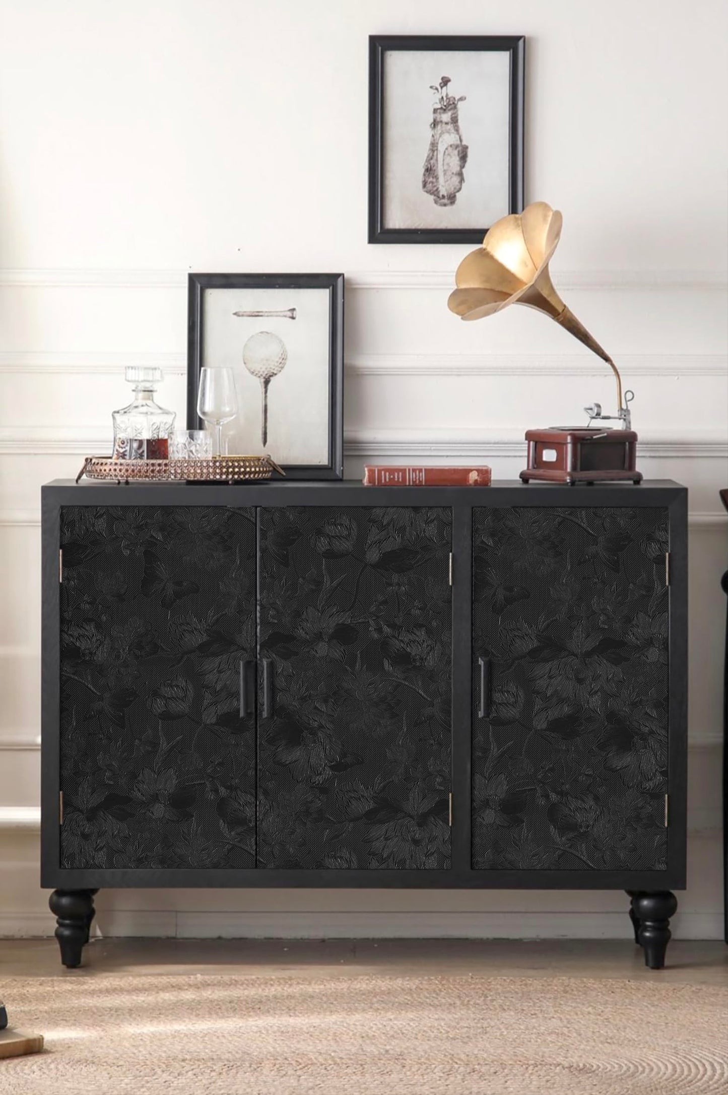 lenify Black Peel and Stick Wallpaper Black Floral Wallpaper 15.7inch x 118.1inch Vintage Embossed Textured Contact Paper Embossed Self Adhesive Wall Paper for Cabinets Pure Flower Removable Vinyl