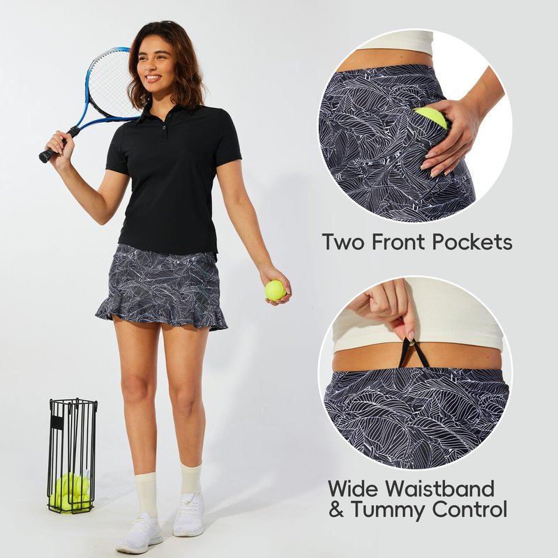 M MOTEEPI Tennis Skirts for Women Pleated Athletic Skort Lightweight Golf Skirts with Shorts Pocket Workout Pickleball Black Leaf M