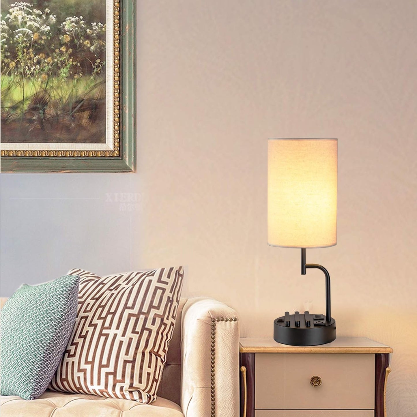 Modern Table Lamp with 3 USB Ports & AC Outlet - Set of 2 Bedside Desk Lamps in Silver