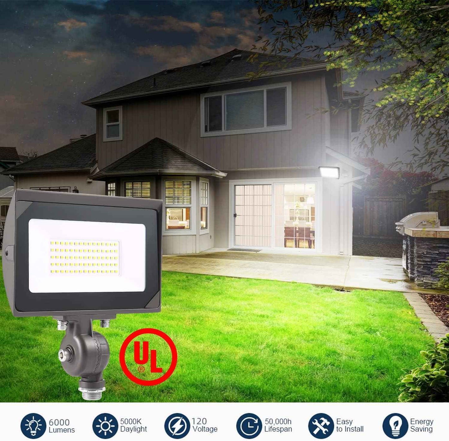 80W LED Flood Light - Waterproof Outdoor Security Light, 9600LM, 5000K Daylight, Knuckle Mount Included