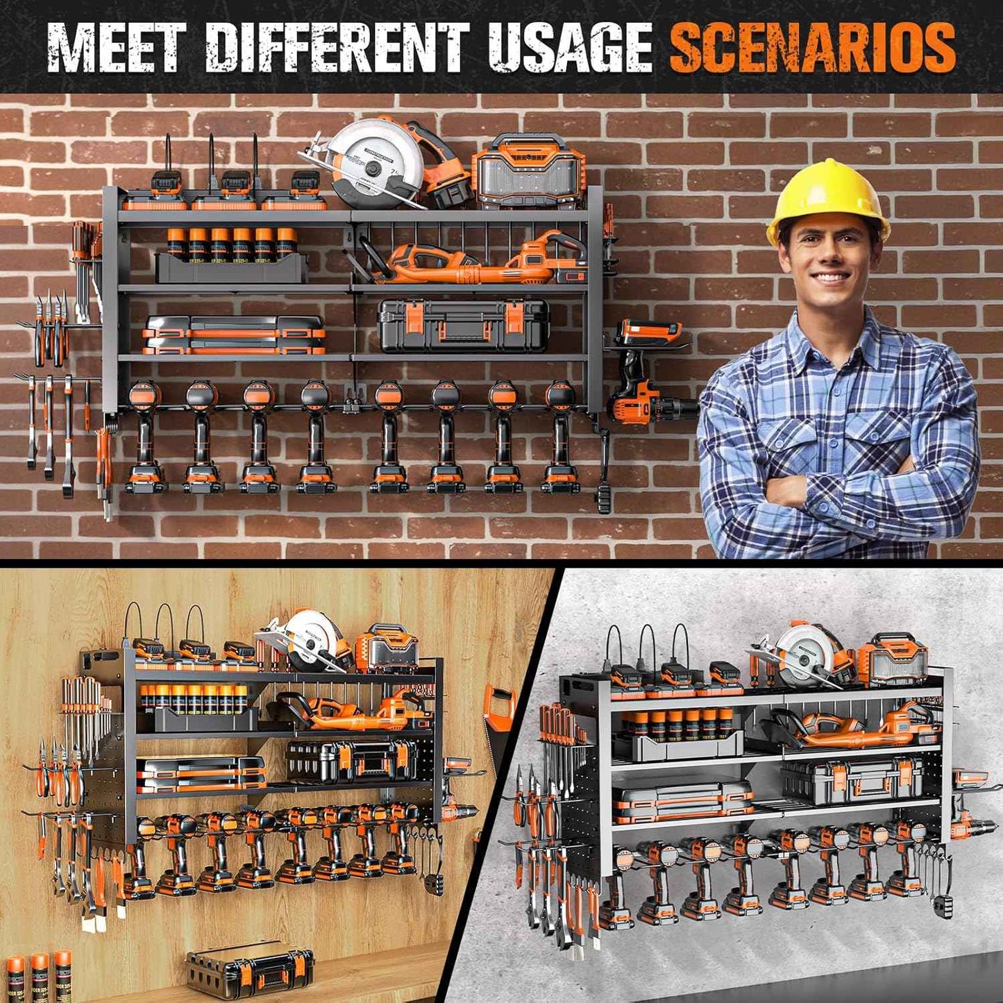 Heavy Duty Wall Mount Power Tool Organizer with Charging Station & 10 Drill Holders