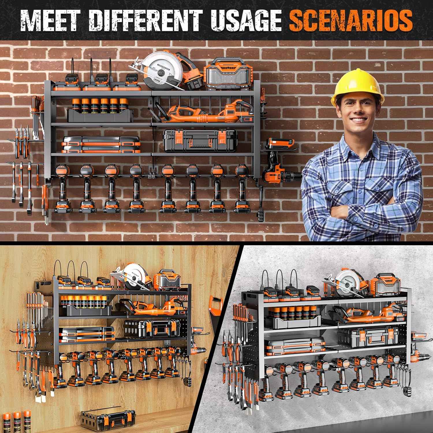 Heavy Duty Wall Mount Power Tool Organizer with Charging Station & 10 Drill Holders