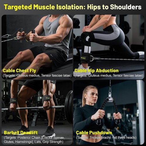 Toosci Cable Attachments for Gym, LAT Pulldown & Cable Machine Attachment Set: V-Shaped Bar, Rotating Straight Bar, V Rotation Handle, Nylon Tricep Rope, Ankle Straps & Handles, Home Gym