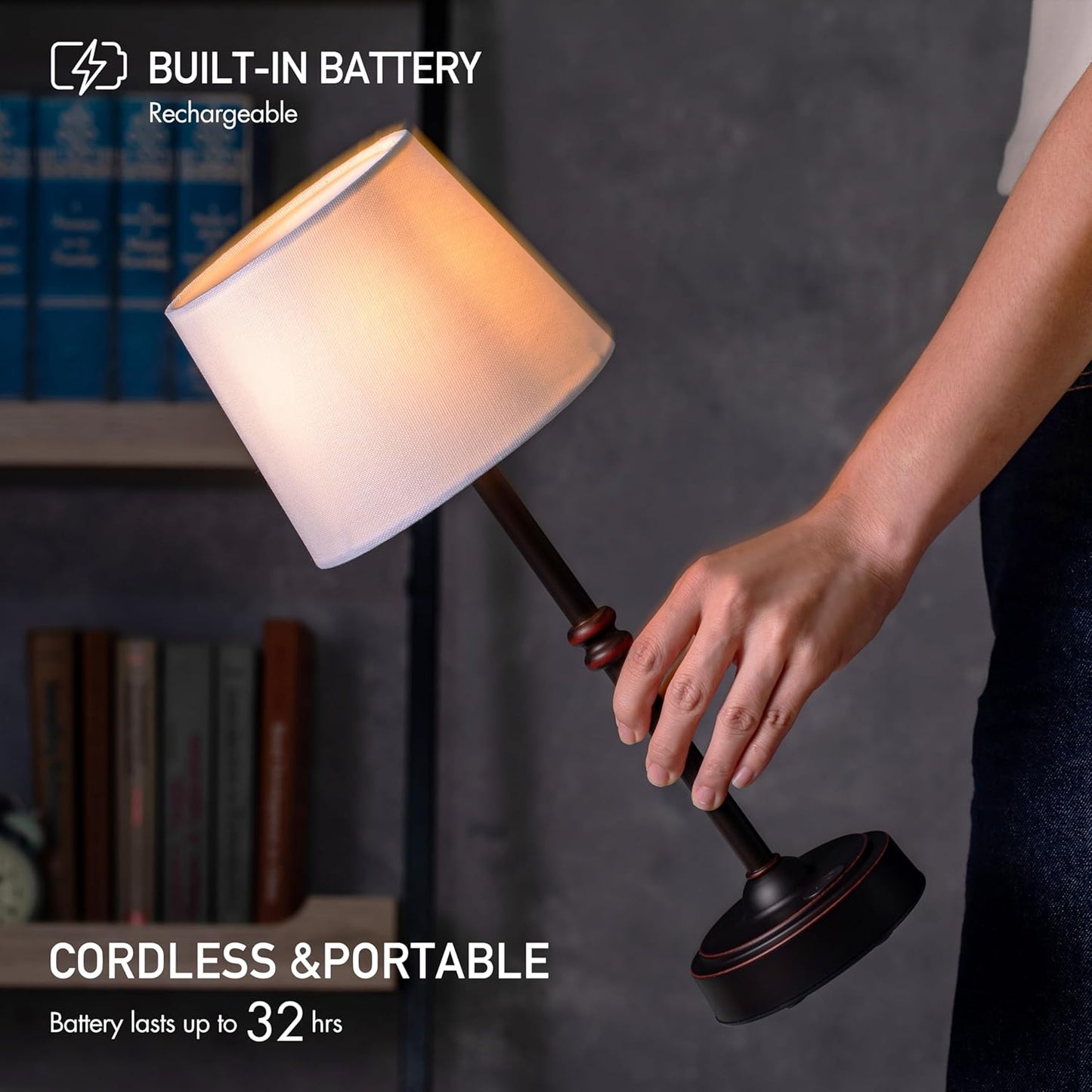 Cordless LED Table Lamp with Dimmer - O’Bright Seraph, Rechargeable Battery, 3-Level Brightness, Perfect for Patio & Bedside
