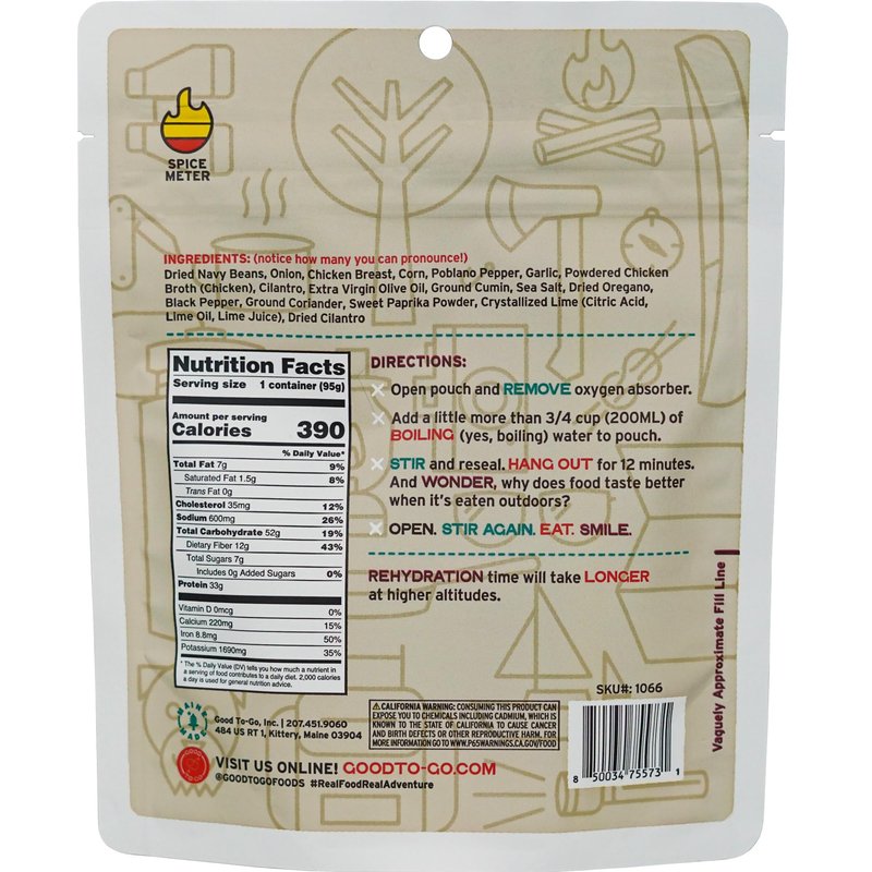 GOOD TO-GO White Bean Chicken Chili (Single Serving) | Camping & Backpacking Food | Just Add Water Backpacking Meals | Good To-Go Dehydrated Meals Taste Better Than Freeze Dried Food