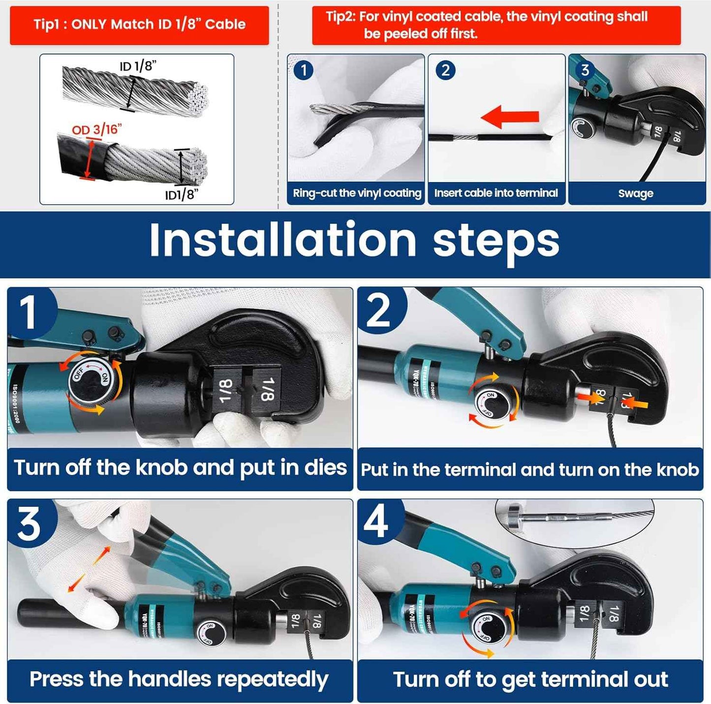 Hydraulic Crimping Tool for Stainless Steel Cable Railing - Muzata Custom Cable Swaging Kit with Wire Cutter (1/8", 5/32", 3/16")