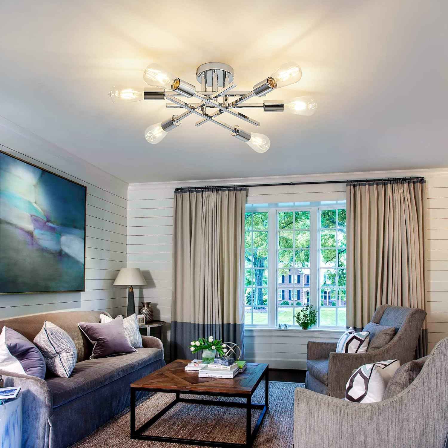 Gold Modern 6-Light Semi Flush Mount Ceiling Light Fixture - Vintage Sputnik Chandelier for Kitchen, Dining & Living Room