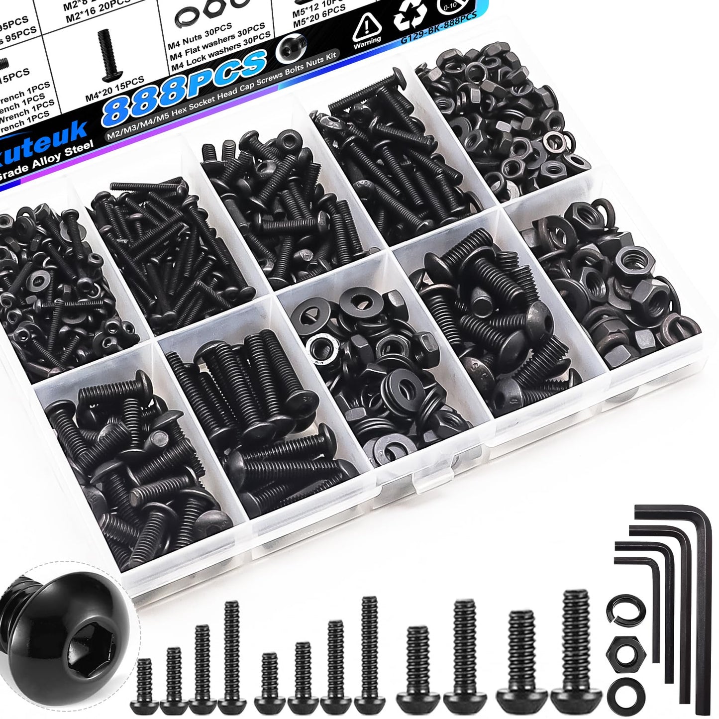 mxuteuk 888PCS Metric Screw Assortment Kit,M2 M3 M4 M5 Machine Screws,10.9 Grade Alloy Steel Metric Hex Button Head Cap Screws Nuts and Flat Washers Assortment Kit for 3D Printing