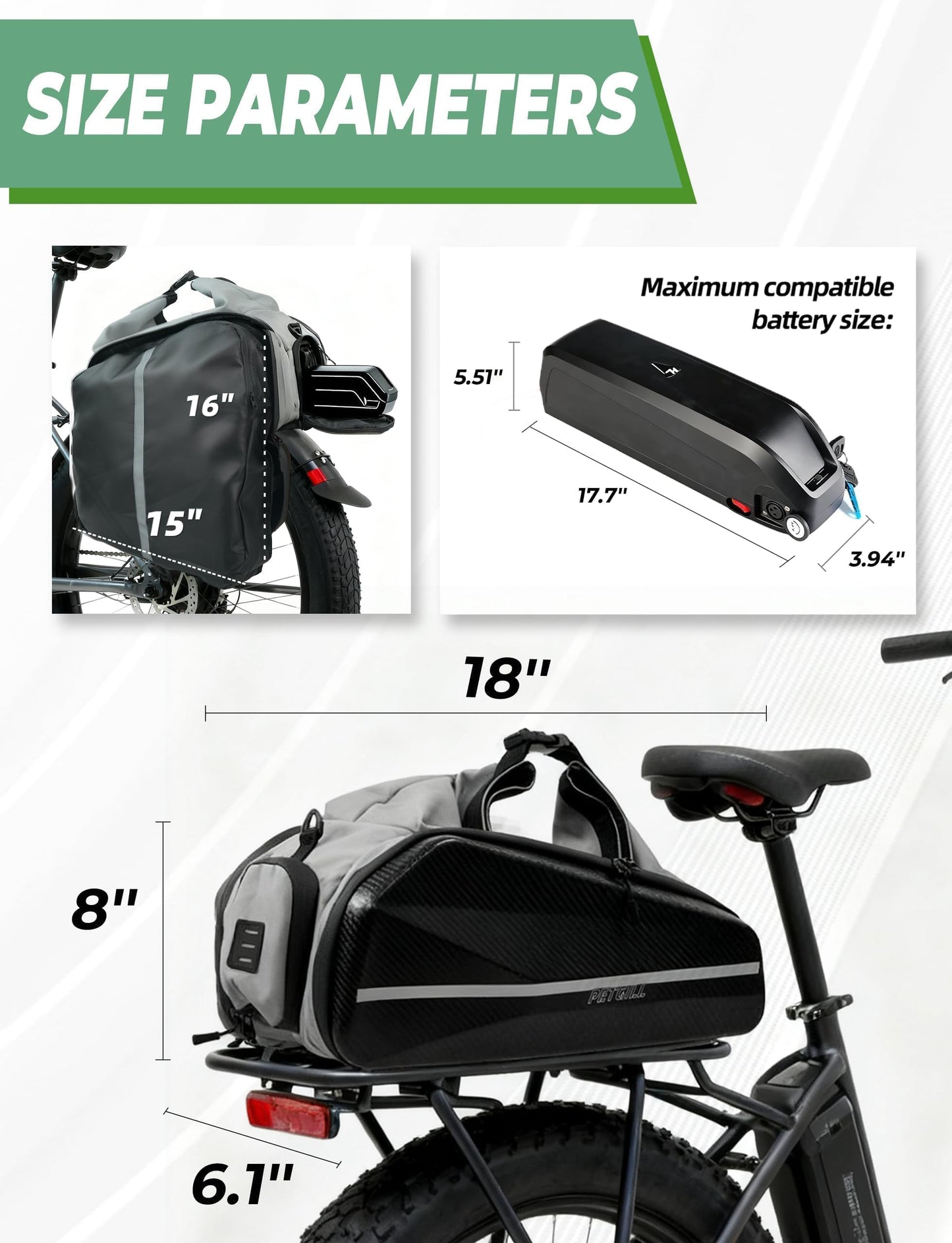 PETGILL Ebike Battery Bag,40L Hard Shell Waterproof Electric Bicycle Rear Rack Bag with Reflective Strips and Shoulder Straps,bike rack bags for ebikes,E-Bike Accessories.