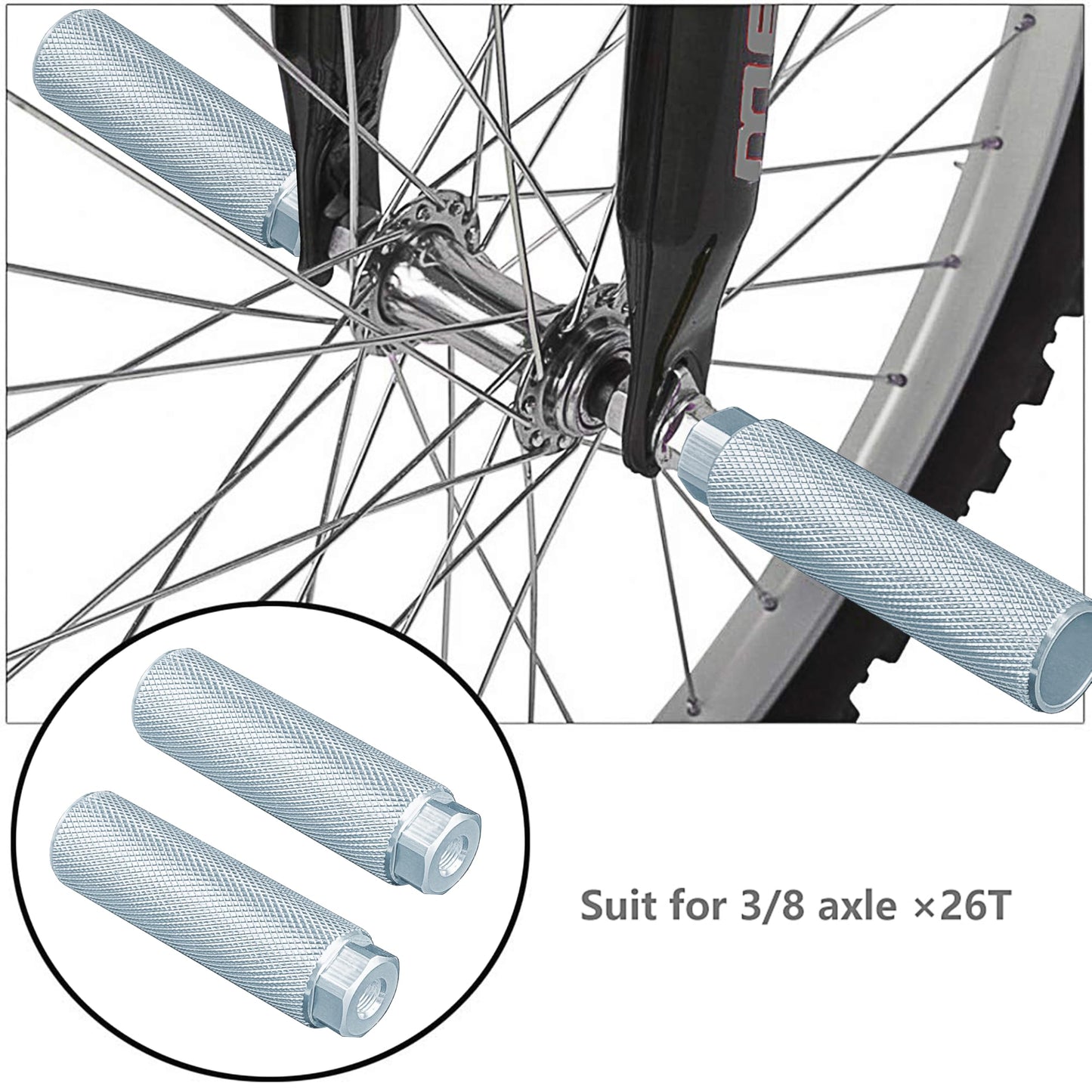 KINSPORY 4 Pack Bike Pegs for 3/8 inch Axles, Aluminum Alloy Anti-Skid BMX Bicycle Pegs for Mountain Bike Backseats Stands Cycling Rear Stunt Pegs (Silvery)