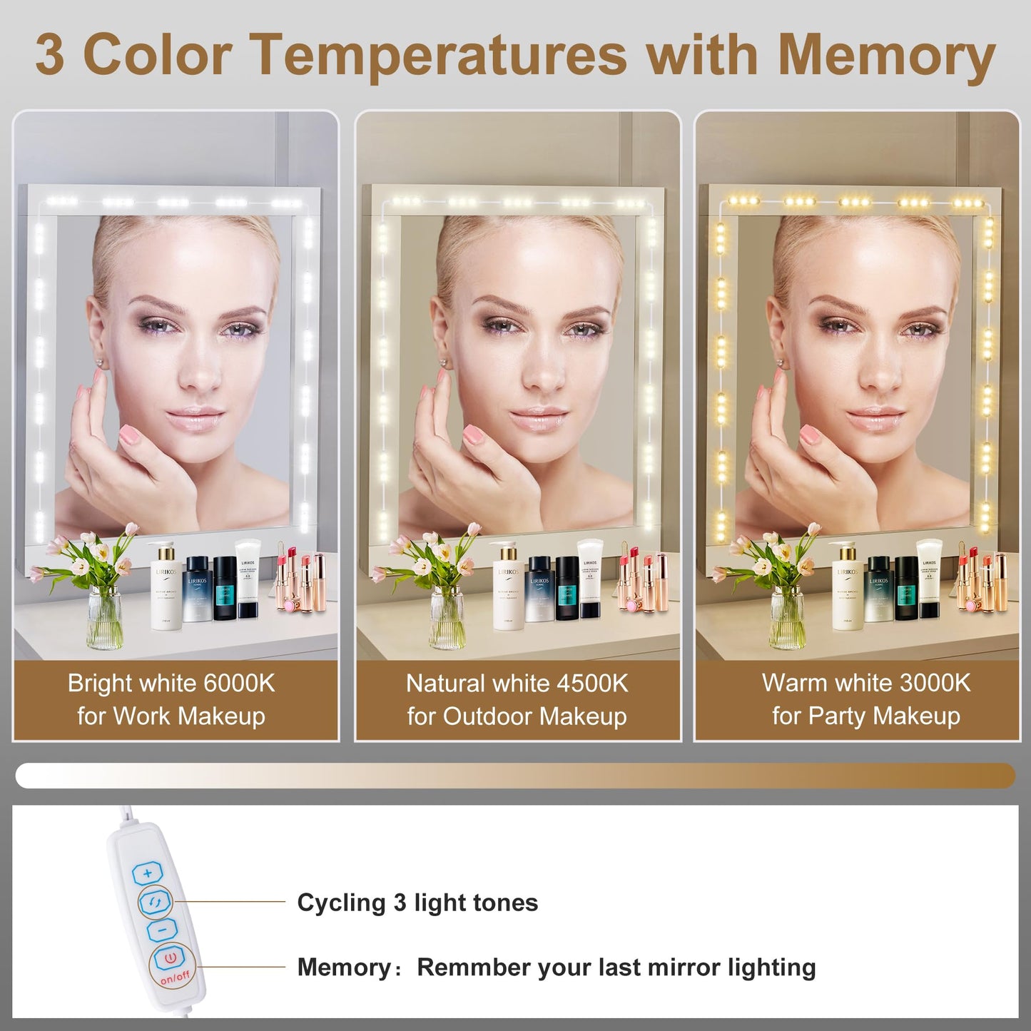 LPHUMEX LED Vanity Mirror Lights, 3 Color 20pcs*3LEDS 12V Hollywood Style Makeup Lights Stick on, Bright Dimmable with Power Adapter (Mirror Not Included)