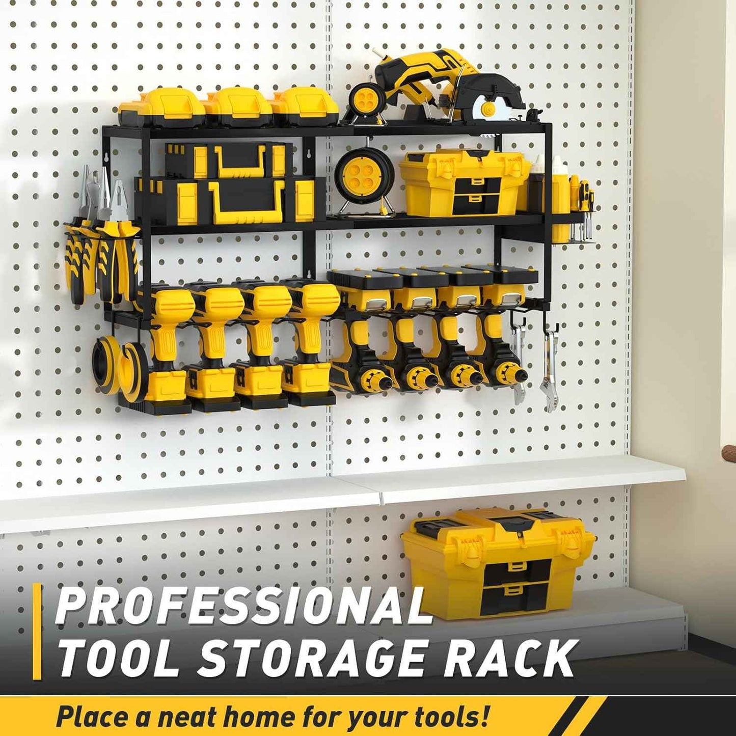 Heavy-Duty Wall-Mount Power Tool Organizer - 3 Extra Large Layers, 300lbs Capacity, 8 Cordless Drill Holders for Garage & Workshop