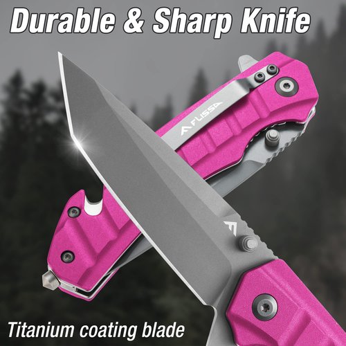 FLISSA Folding Pocket Knife, EDC Knife with Liner Lock, Tanto Blade, Pocket Clip, Glass Breaker, Seatbelt Cutter, Perfect for Outdoor, Camping(Pink)