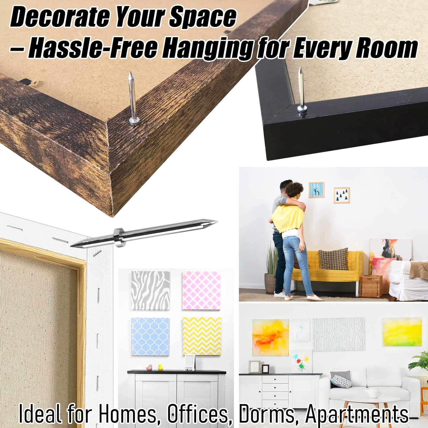 Quick Picture Hanging Tool Kit with Magnetic Handle & Level – Secure on Drywall/Wood Walls in Seconds – for Canvas, Photos, Wood Frames (40 Nails)