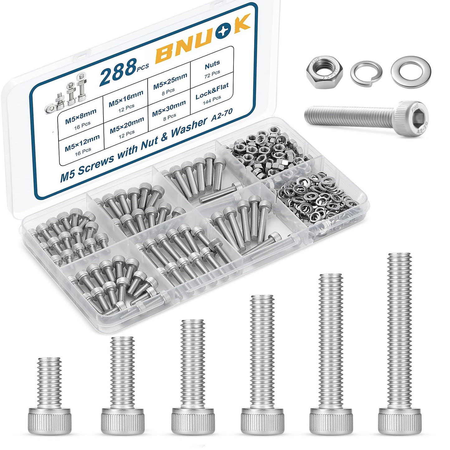BNUOK 288 PCS M5 Screws Assortment Kit, 304 Stainless Steel M5 Bolts Kit, M5x 8/12/16/20/25/30mm, Hex Socket Head Cap Screws Bolts Nuts Washers Set