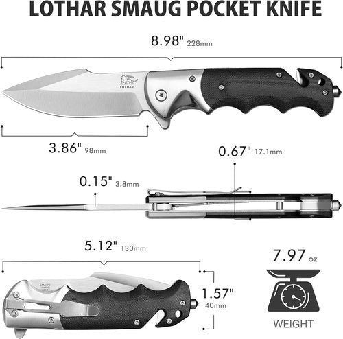 Lothar Smaug Pocket Knife - 3.7 Inch D2 Steel Folding Knife with G10 Handle & Glass Breaker | Tactical Survival Gift