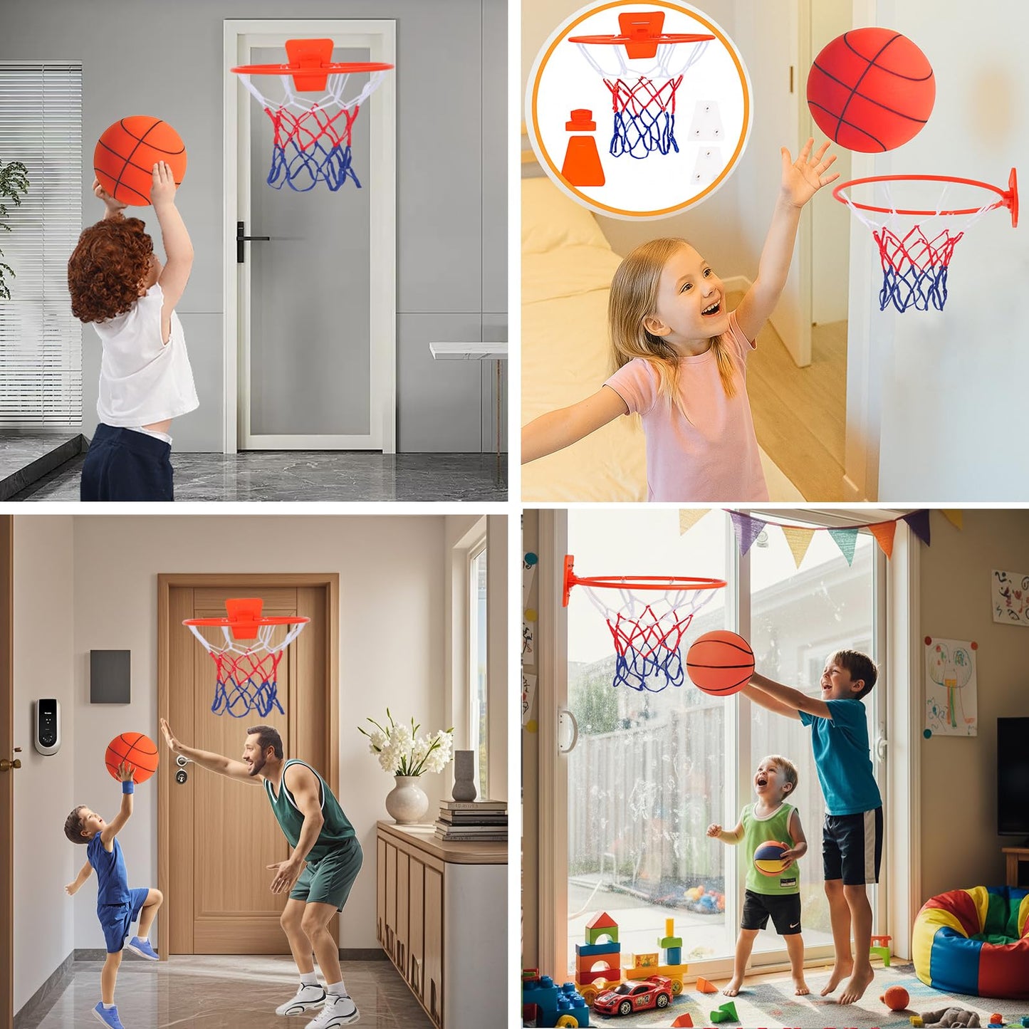 Indoor Silent Basketball Hoop, Compatible with Size 7 Basketball (No Ball Included), Foldable Adhesive Wall-Mount No-Drill Hoop for Bedroom, Office & Home, Space-Saving Design