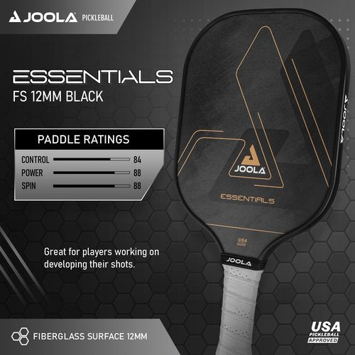 JOOLA Essentials Performance Pickleball Paddle with Reinforced Fiberglass Surface and Honeycomb Polypropylene Core, Black
