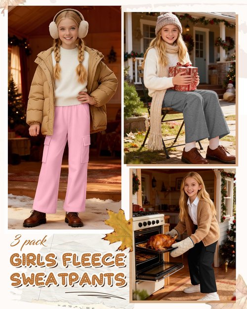 LessonZoo 3 Pack Girls Thermal Fleece Cargo Sweatpants 5-14y 4 Pockets Kid Warm Wide Leg High Waist Baggy Casual Pants Jogger(Pink, Heather Gray, Black,9-10 Years)