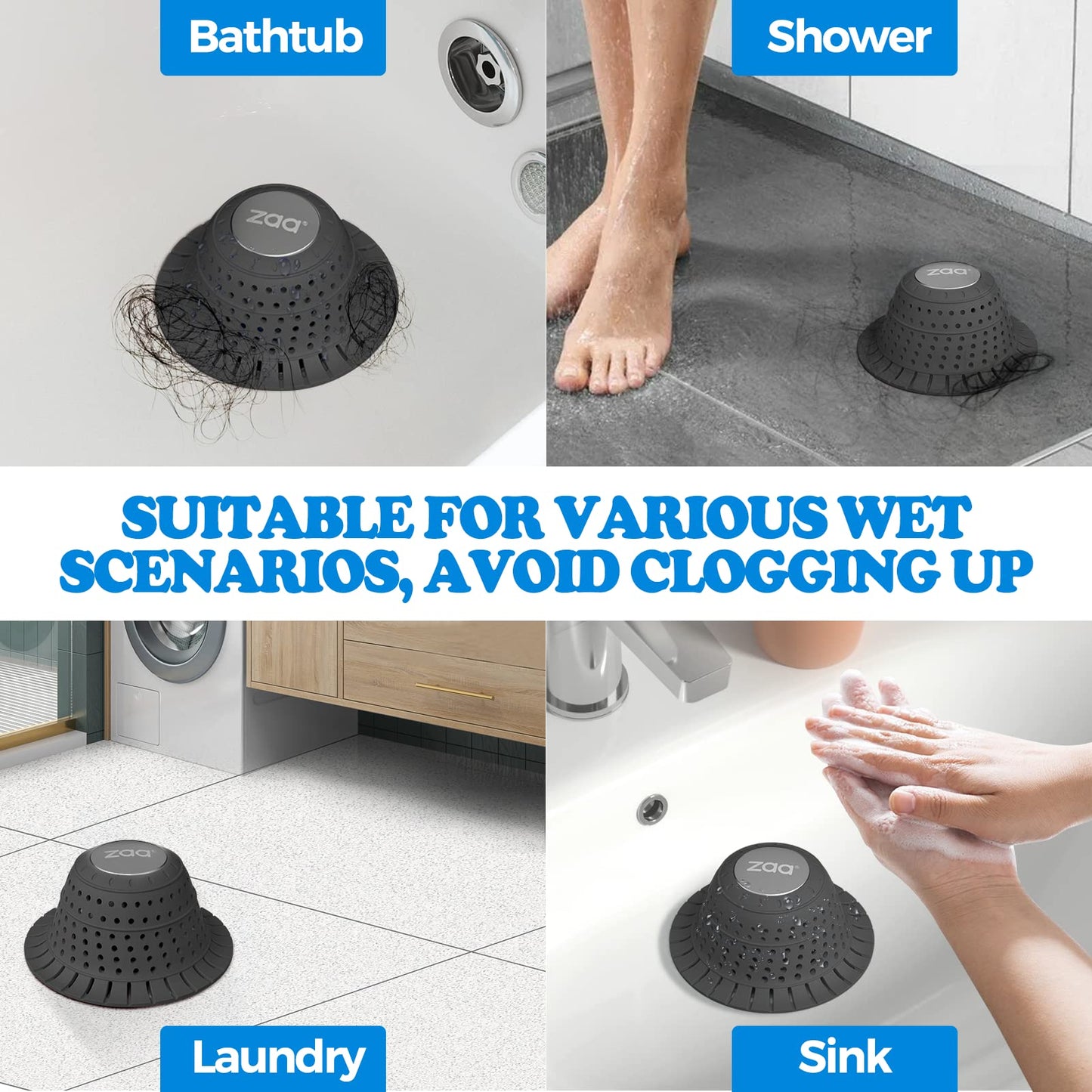 zaa Bathtub Drain Hair Catcher, Premium Silicone Collapsible One Pack Drain Protector for Pop-Up and Regular Drains of Shower, Bathtub, Tub, Bathroom, Sink, Black