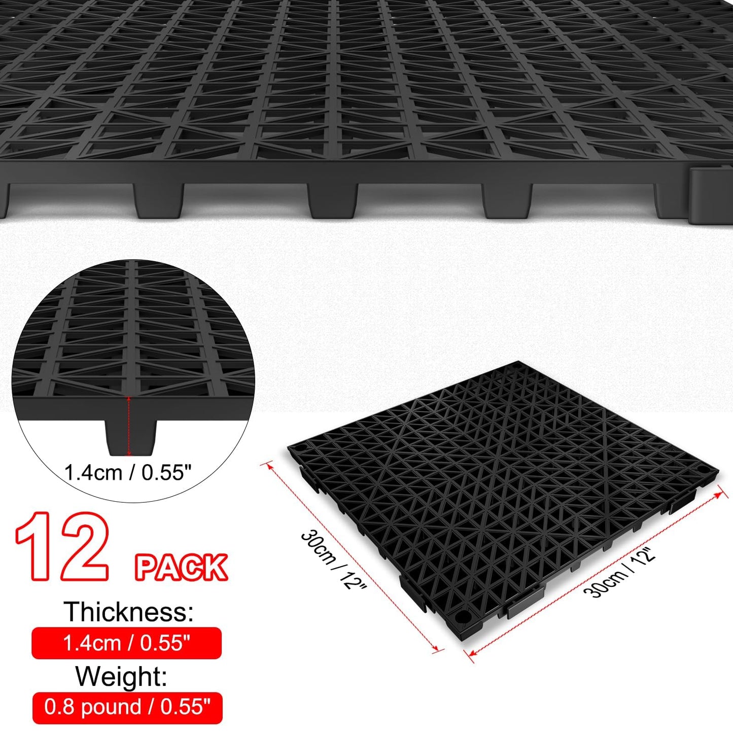 48 PCS Modular Interlocking Cushion, 12" x 12" Interlocking Rubber Floor Tiles with Hole Rubber Mats Drainage Mat, Non Slip Pool Deck Mat Outdoor for Drain Deck Pool Patio (Black)