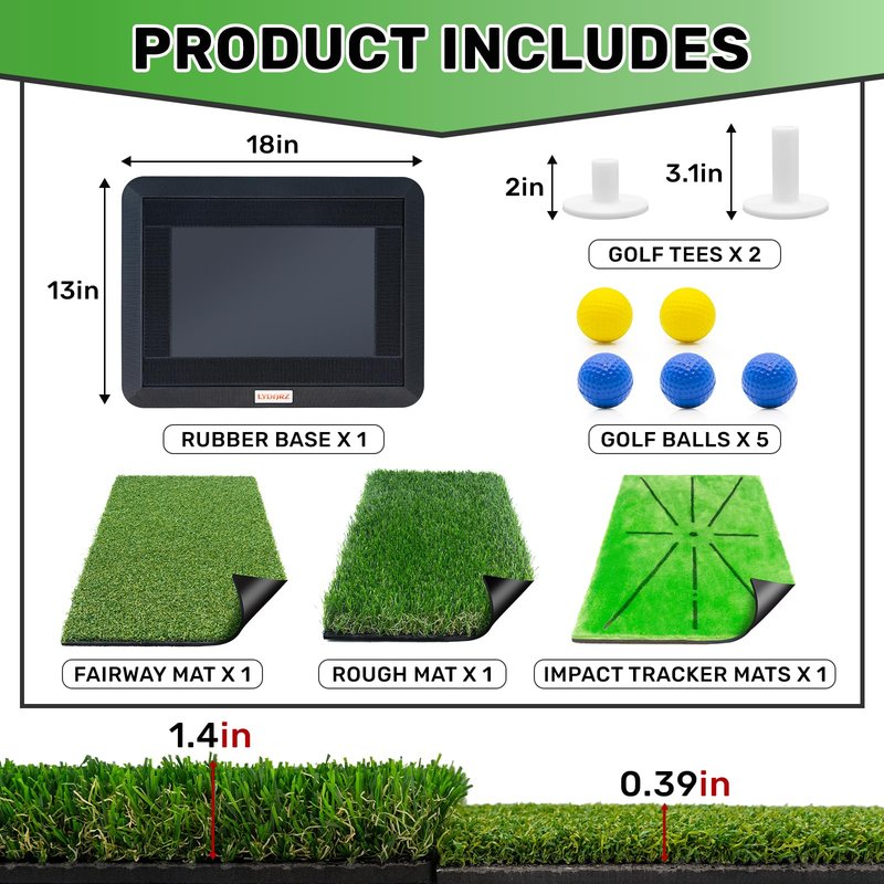 Golf Hitting Mats Training Equipment, Golf Practice Mat with Instant Swing Path Feedback, 3 Replaceable Golf Training Mats with No-Slip Heavy Duty Rubber Base
