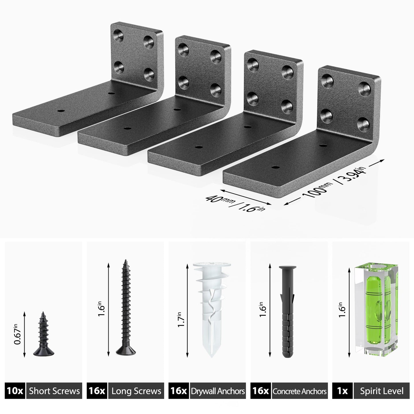 Heavy Duty Metal Shelf Brackets 4-Inch, Set of 4, Modern Black Matte Finish, 1/5" Thick Steel, Easy-to-Install, Strong Support for Shelves, Versatile & Stylish