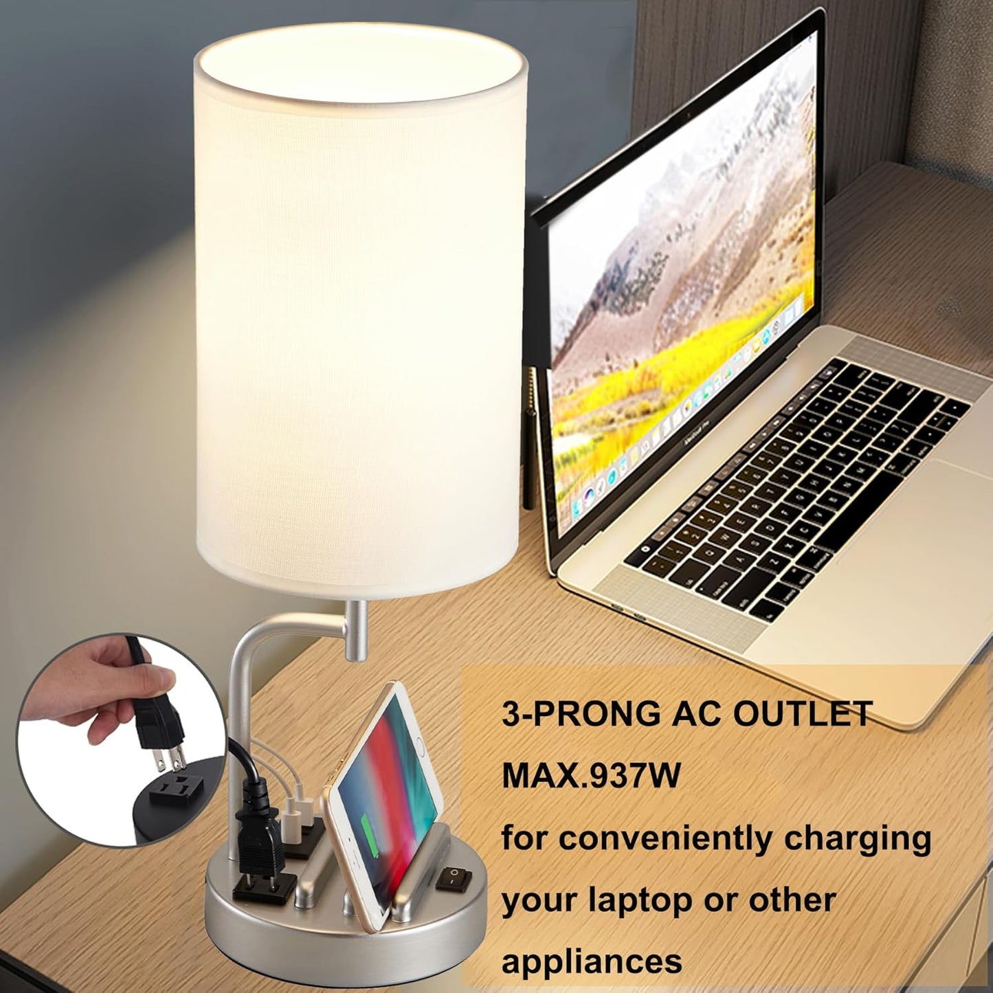 Modern Table Lamp with 3 USB Ports & AC Outlet - Set of 2 Bedside Desk Lamps in Silver
