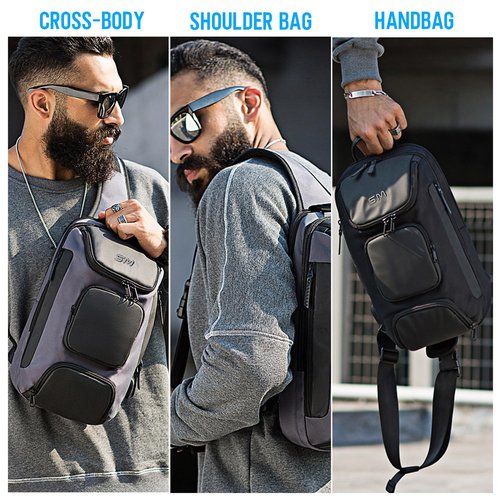 SMONT Sling Bag for Men, Chest Shoulder Bag with USB Charging Port Anti Theft Waterproof Grey