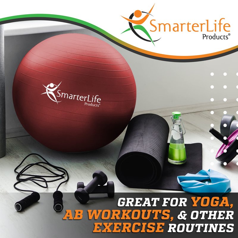 SmarterLife Exercise Ball, Yoga Ball for Fitness, Balance, Stability, or Pregnancy, Gym Ball for Core Workout, Physical Therapy, Yoga Ball Chair for Office, Anti-Slip Anti-Burst (45 cm, Red)