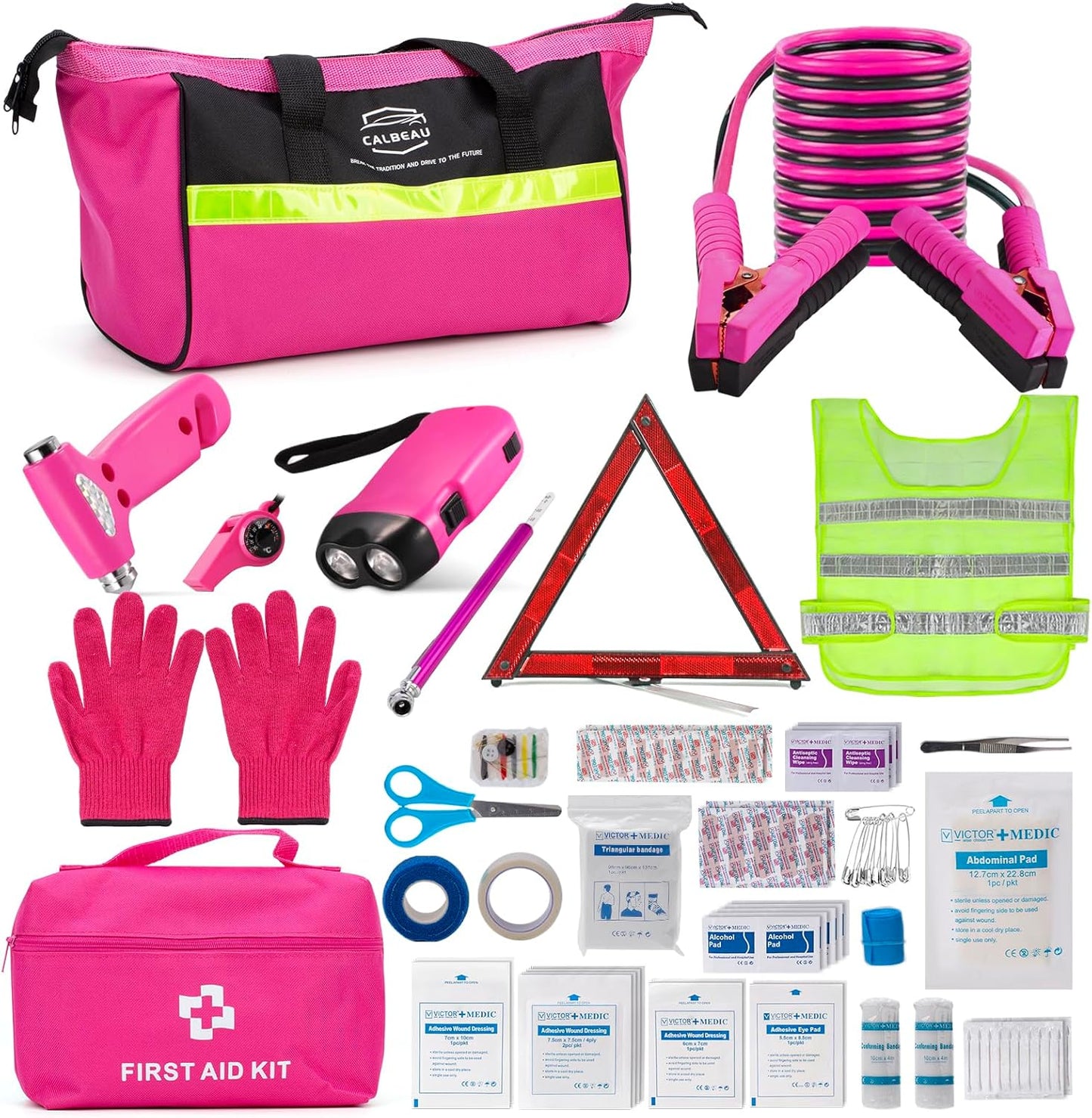 Roadside Emergency Car Kit for Vehicles, Pink Emergency Roadside Assistance kit with Car First Aid Kit, Thoughtful Car Emergency Kit for Women, Men, New Drivers and Adventurers Gifts
