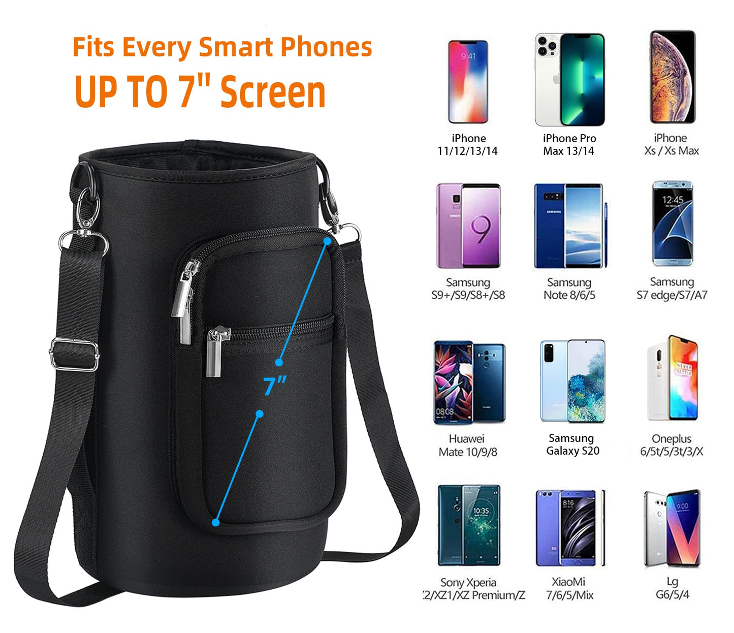 AceTreker 64 oz /87 oz/128 oz Neoprene Water Bottle Sleeve for Insulated Metal Water Jug Bottles, Carrier Sling Bag with Adjustable Shoulder Strap & Paracord Handle and 2 Pocket for Walking-Black