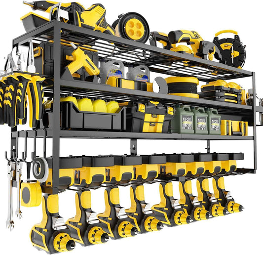 Heavy-Duty Wall-Mount Power Tool Organizer - 3 Extra Large Layers, 300lbs Capacity, 8 Cordless Drill Holders for Garage & Workshop