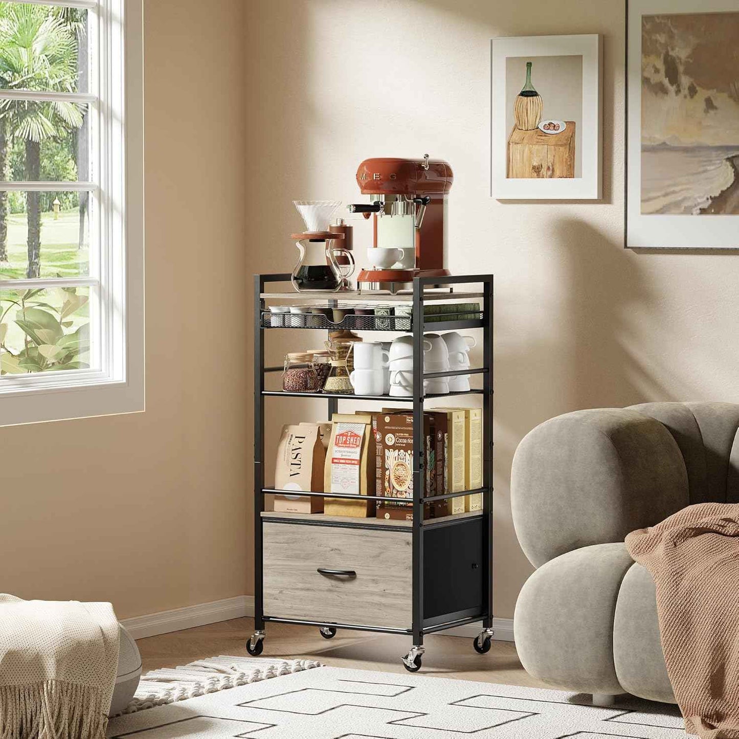 Modern White Coffee Bar Cabinet on Wheels - 5-Tier Storage Station with Drawer for Home Kitchen & Liquor Buffet