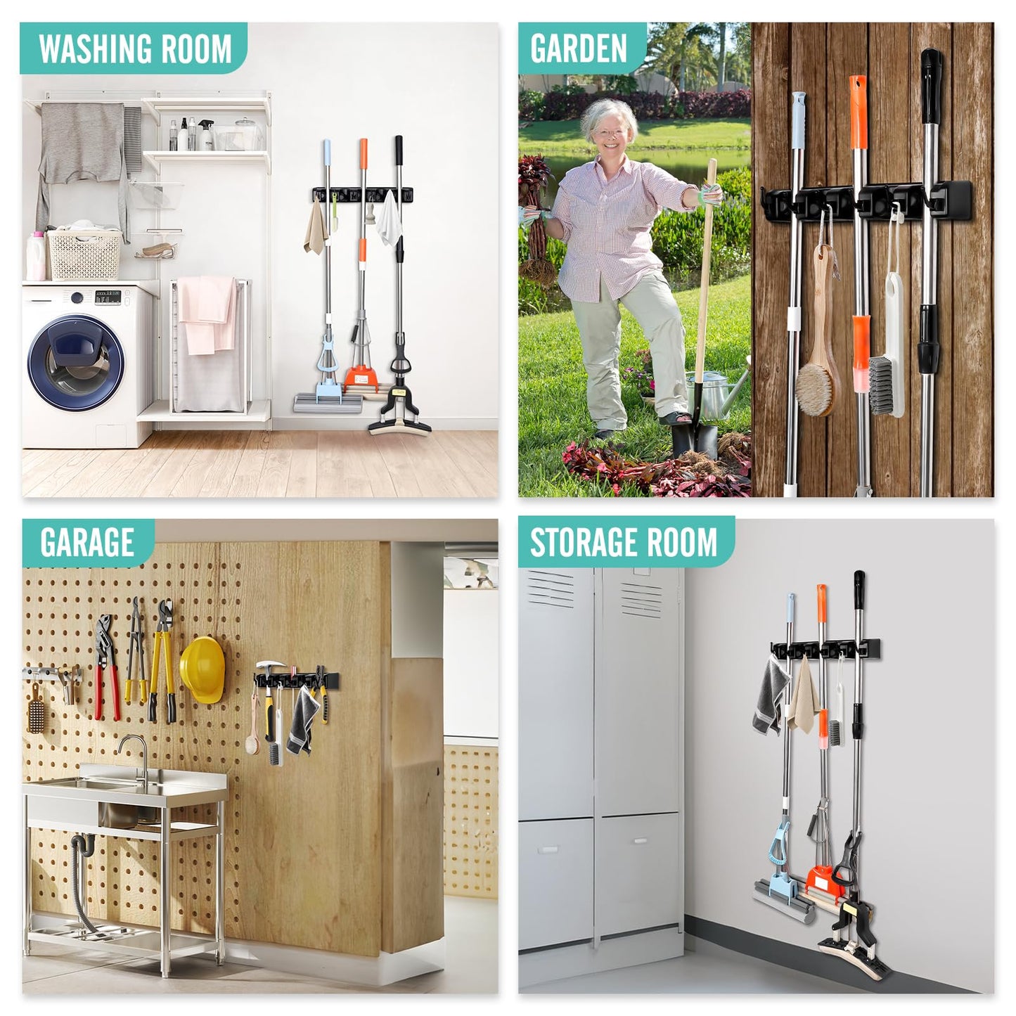 InPoTo Broom and Mop Holder, Wall Mounted Organizer Mop and Broom Storage Tool Rack with 5 Ball Slots and 6 Hooks (1Pack)